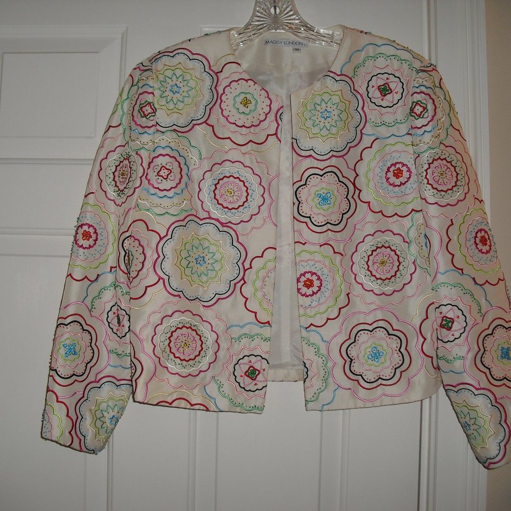 Maggy London Evening Embroidered and Beaded Multicolor Jacket - Size 10